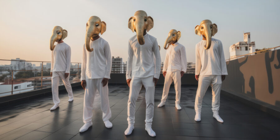 Fünf Personen auf einem Hausdach. Alle tragen eine weisse Hose und ein weites weisses Hemd. Sie haben jeder einen goldenen Elefantenkopf aufgesetzt.