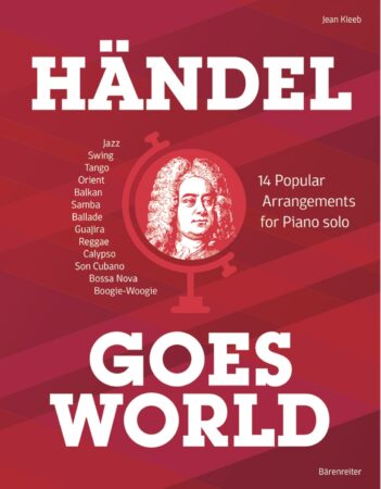 Vor rotem Hintergrund steht der Titel "Händel goes World" Der Kopf von Händel ist als Grafik in der Mitte zu sehen.
